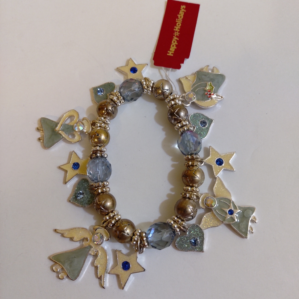 New Silver Tone Angels Stars Hearts Charm Bracelet Holiday